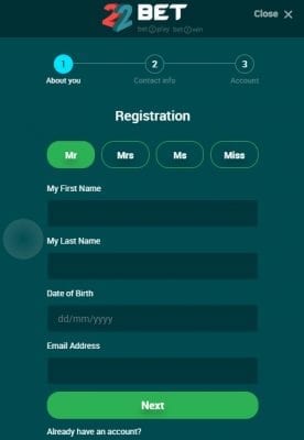22Bet registration form