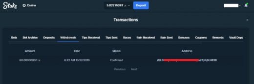 withdrawal history at stake.com