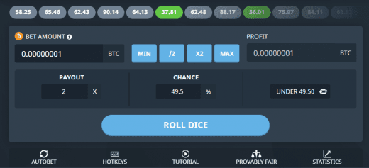 Bitsler's dice interface
