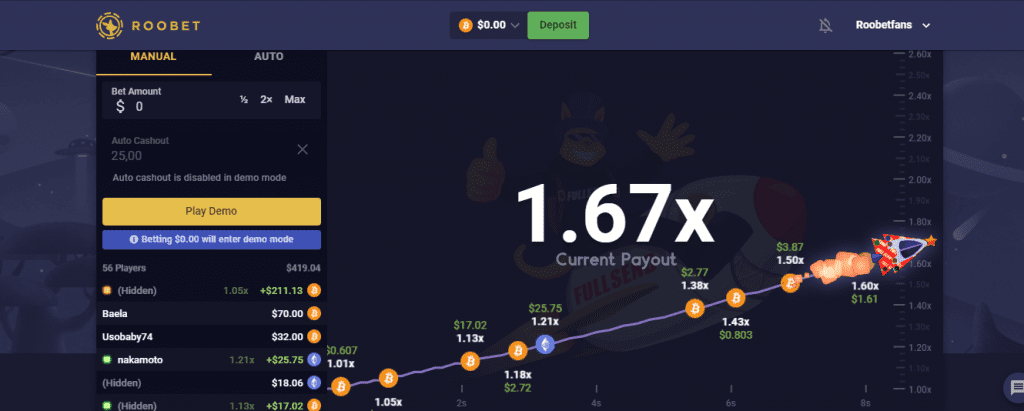 The lastest craze in Bitcoin Crash is Roobets rocket!