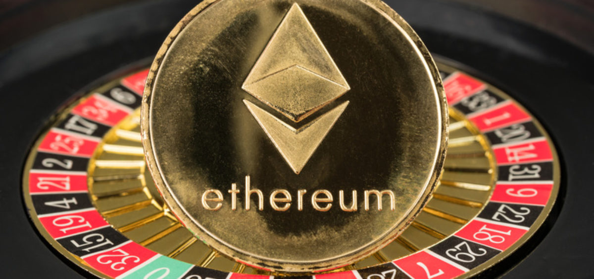 Ethereum gold coin with roulette wheel in the background